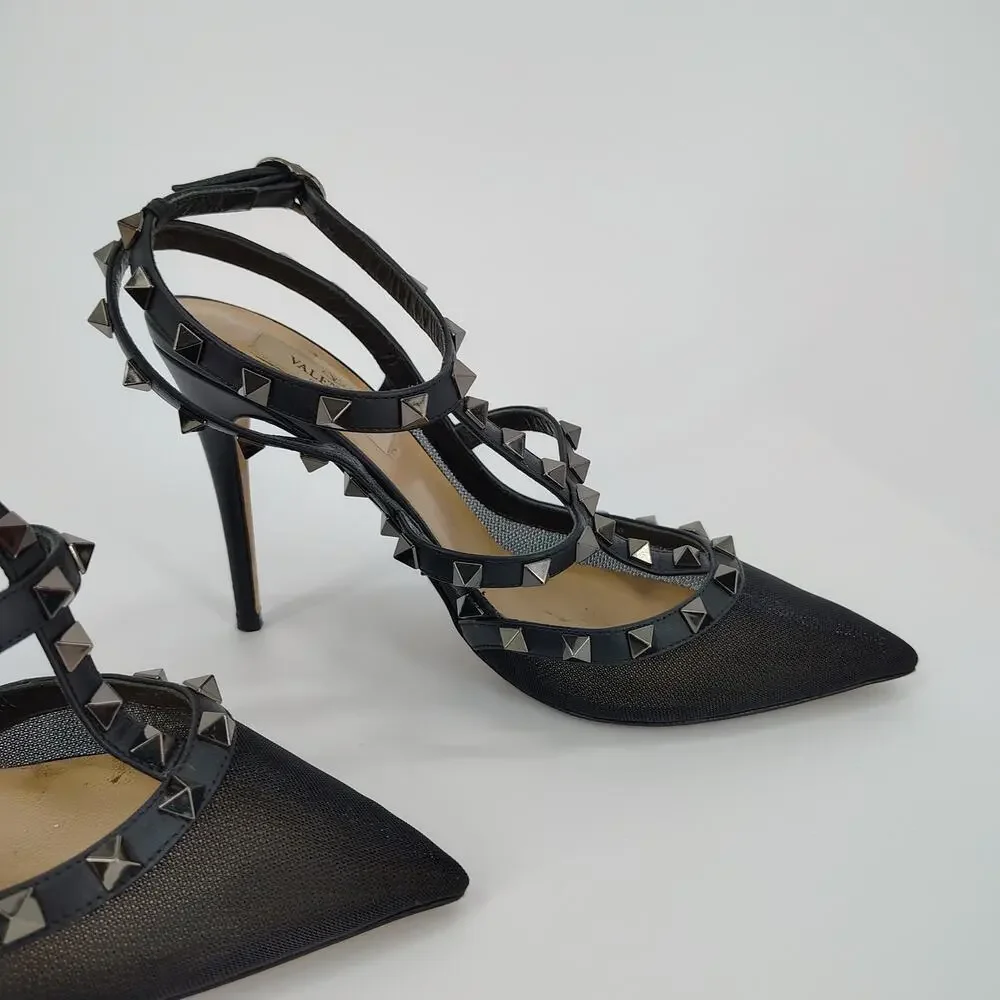 Valentino Garavani Mesh Rockstud Cage T-Strap Pumps Black Size 38 Italy